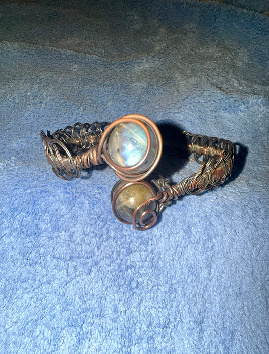 Labradorite & Clear Quarts Copper Wire Bangle Bracelet